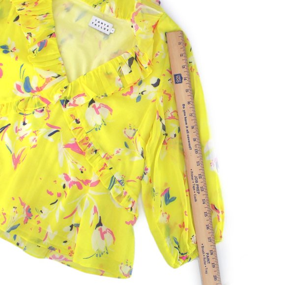 Tanya Taylor Lourdes Floral Cotton Blouse Yellow Ruffle V Neck Balloon Sleeve 4 - Picture 13 of 14